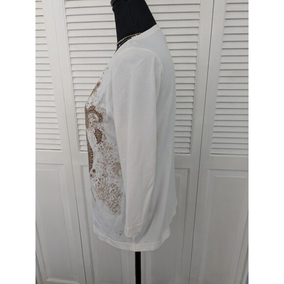 Additions By Chico Shirt Women Sz M/8 (1) Embroidery Gold Beads Fleur Blouse Top - Picture 7 of 10